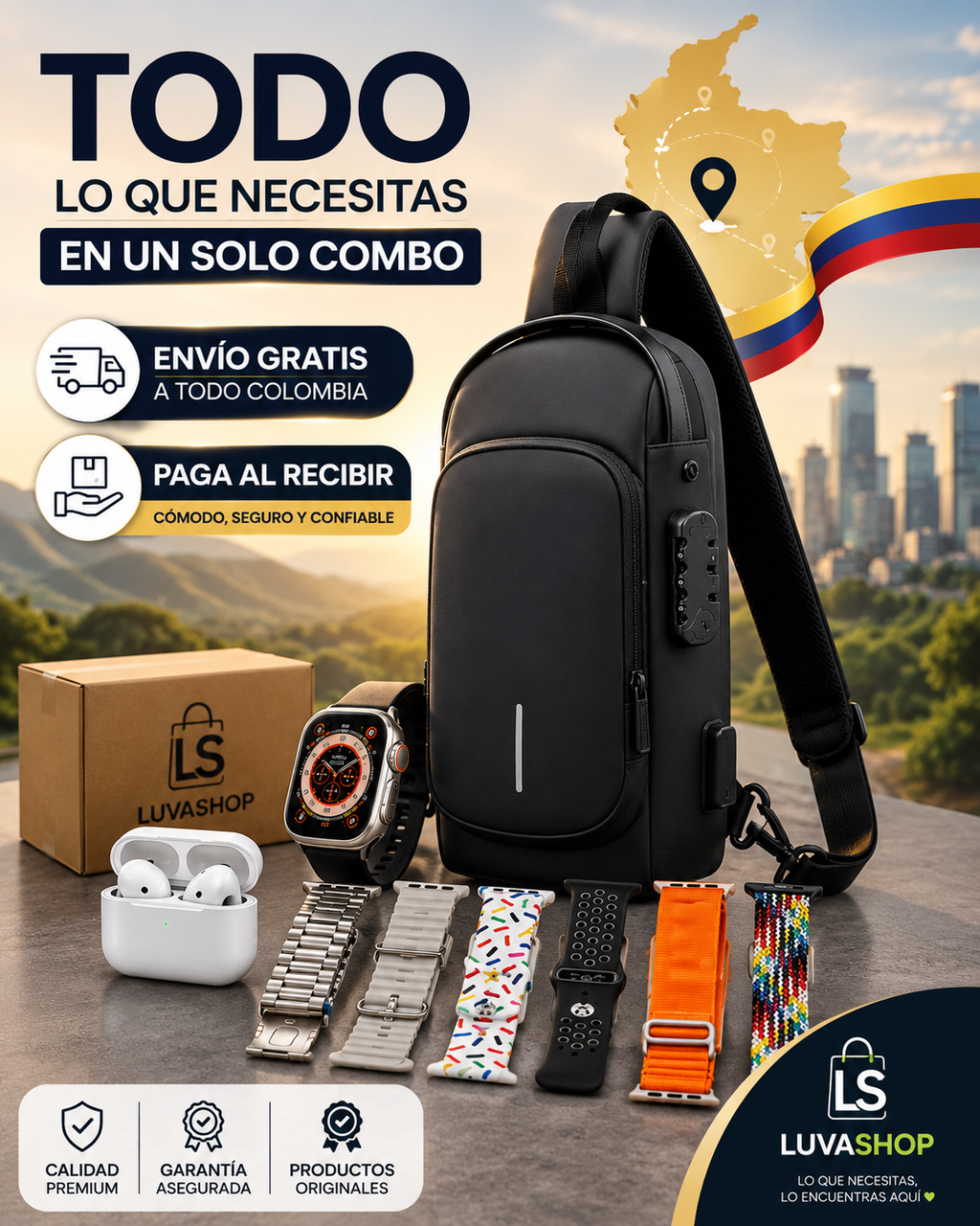 🎒⌚ COMBO PREMIUM: Maleta Antirrobo + Smartwatch Ultra + Audífonos Bluetooth + 7 Correas Intercambiables