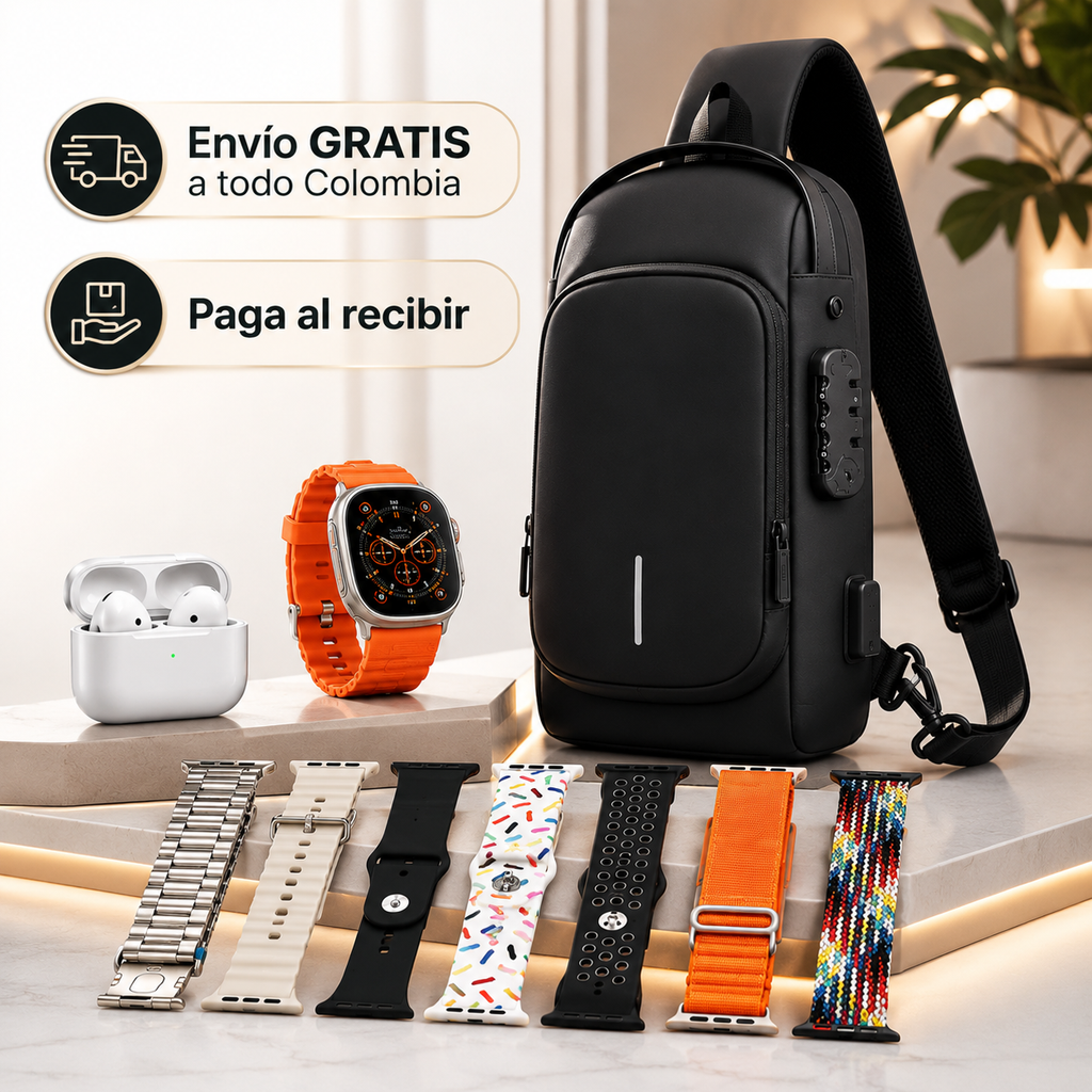 🎒⌚ COMBO PREMIUM: Maleta Antirrobo + Smartwatch Ultra + Audífonos Bluetooth + 7 Correas Intercambiables