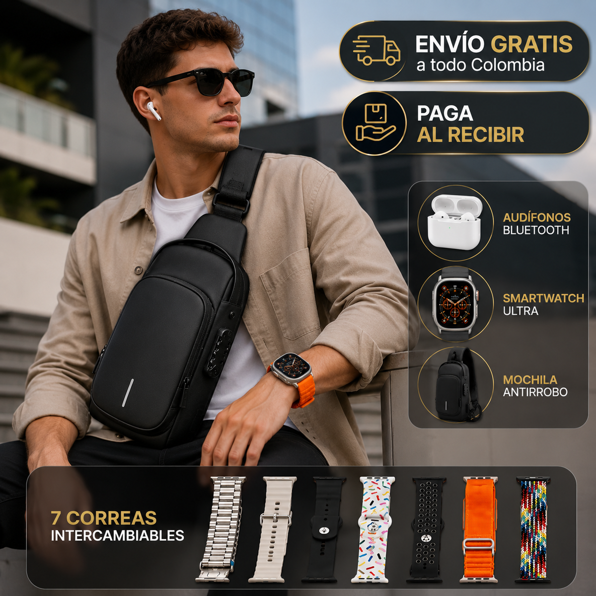 🎒⌚ COMBO PREMIUM: Maleta Antirrobo + Smartwatch Ultra + Audífonos Bluetooth + 7 Correas Intercambiables