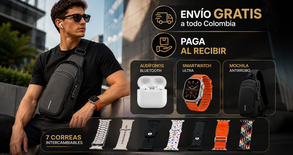 🎒⌚ COMBO PREMIUM: Maleta Antirrobo + Smartwatch Ultra + Audífonos Bluetooth + 7 Correas Intercambiables