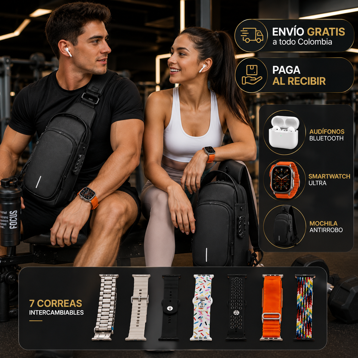 🎒⌚ COMBO PREMIUM: Maleta Antirrobo + Smartwatch Ultra + Audífonos Bluetooth + 7 Correas Intercambiables