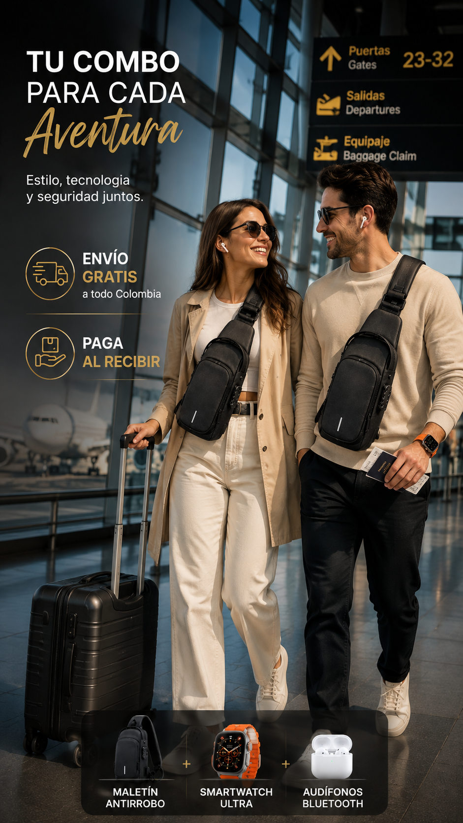 🎒⌚ COMBO PREMIUM: Maleta Antirrobo + Smartwatch Ultra + Audífonos Bluetooth + 7 Correas Intercambiables