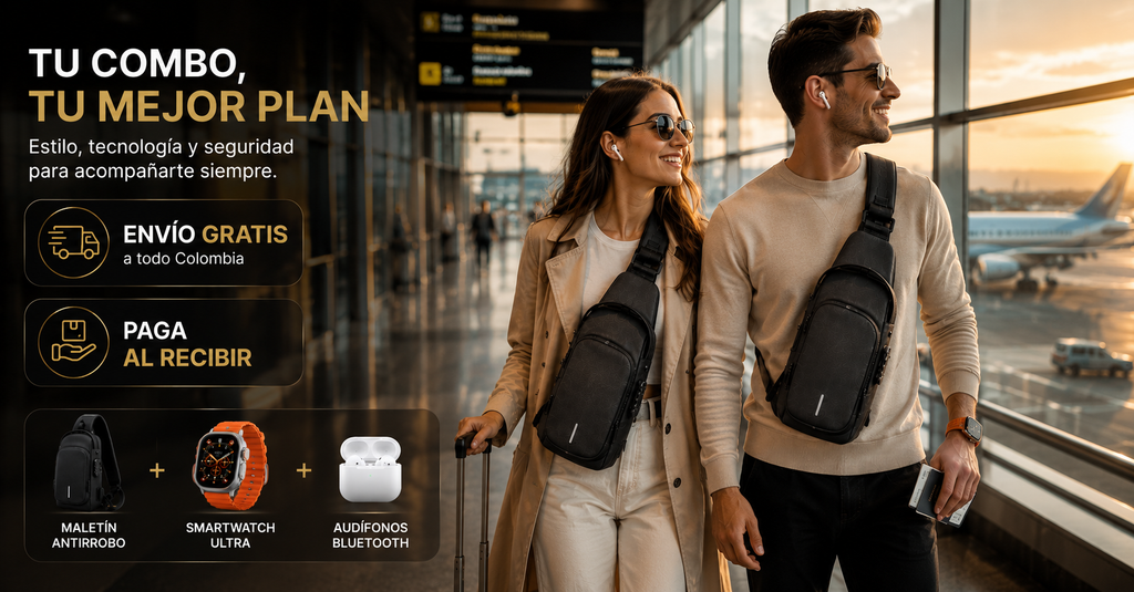 🎒⌚ COMBO PREMIUM: Maleta Antirrobo + Smartwatch Ultra + Audífonos Bluetooth + 7 Correas Intercambiables